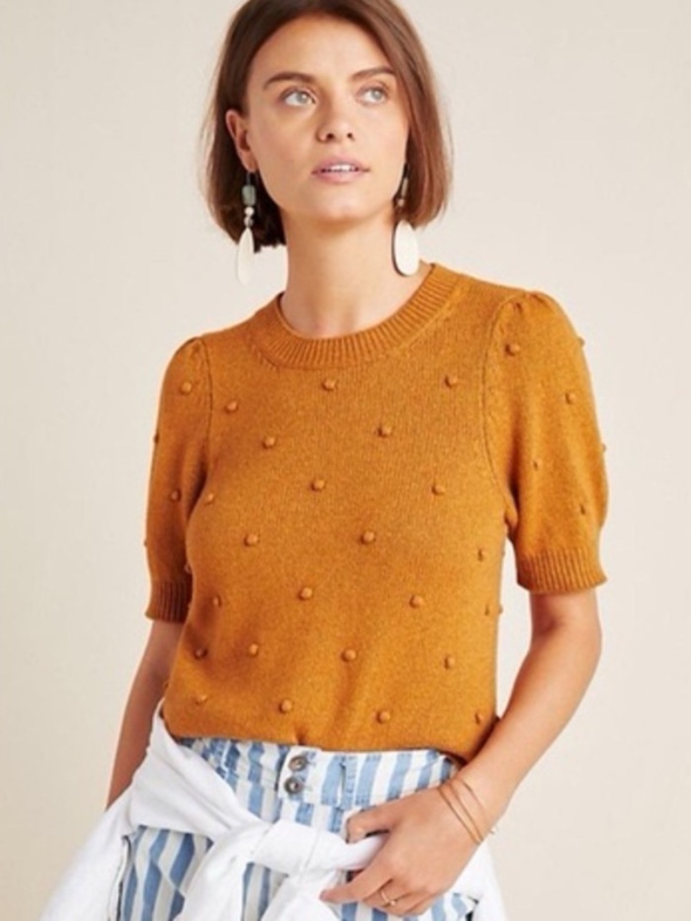 Anthropologie Pommed Pom Pom Short Sleeved Sweater Top Size XL Made in Italy - Picture 2 of 13